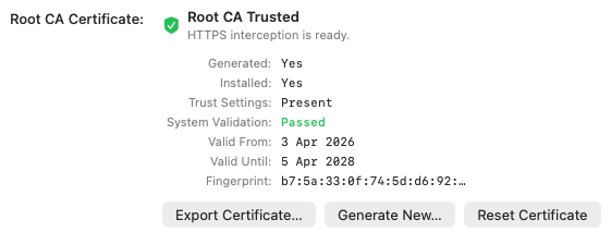 Rockxy Root-CA-Zertifikatpanel mit vertrauenswürdigem Status, Systemvalidierung und Export-/Generieren-/Zurücksetzen-Aktionen