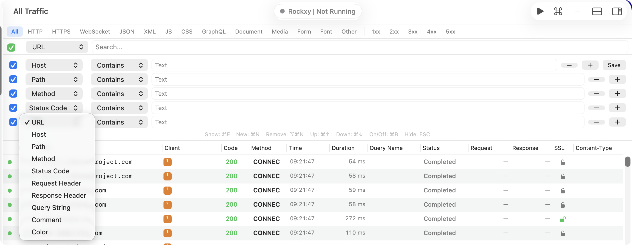Rockxy advanced filter and search panel narrowing captured HTTP traffic by method, host, status, and header values