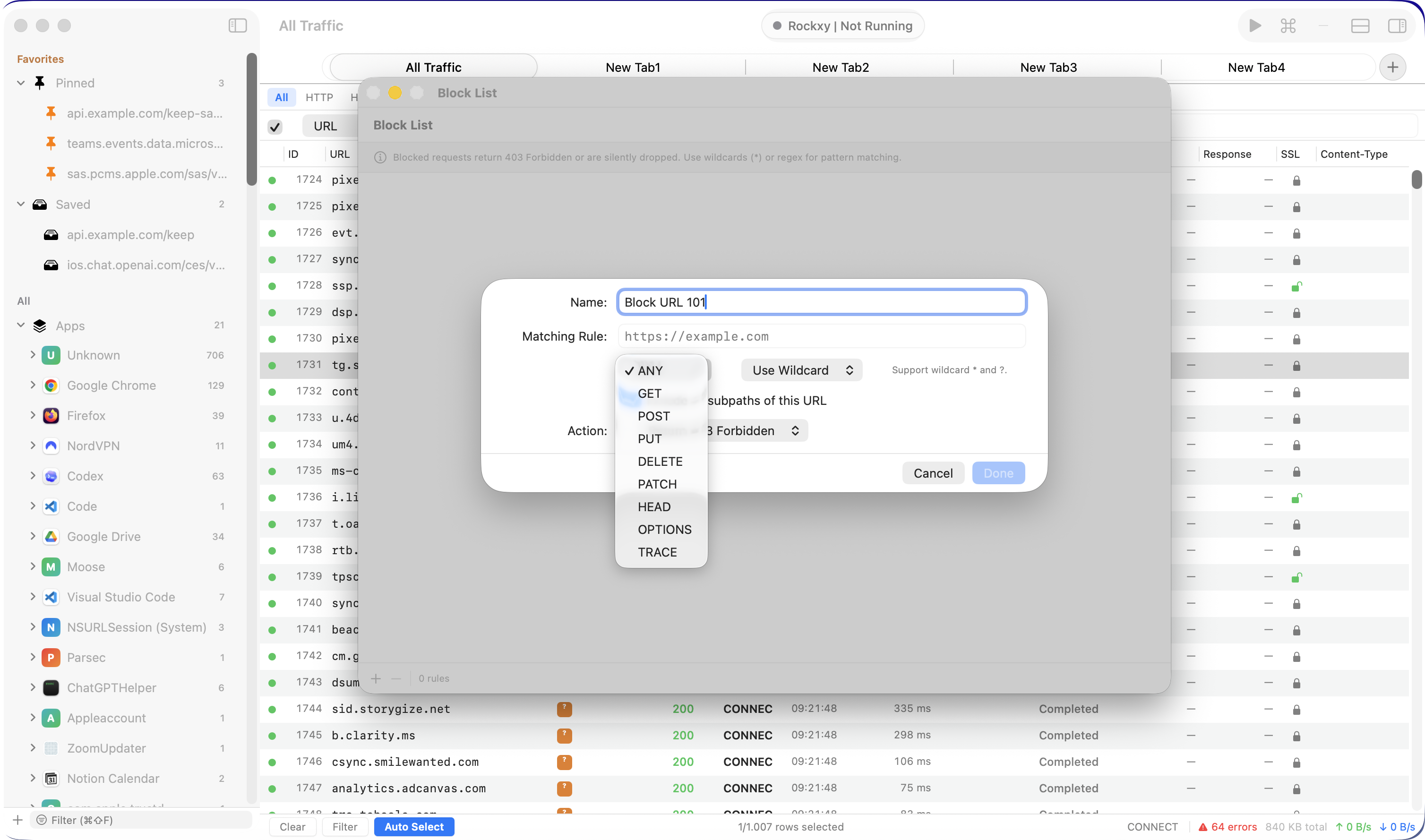 Rockxy Block List rules window showing wildcard host patterns that drop matching requests for failure-mode testing
