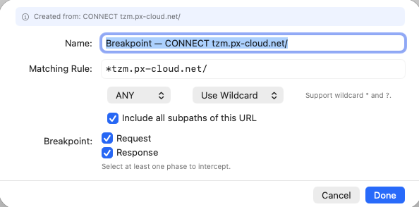Rockxy Breakpoint-Regel-Editor mit Matching-Regel, Wildcard-Unterstützung, Subpfade-Umschalter und Checkboxen für Request-/Response-Phasen