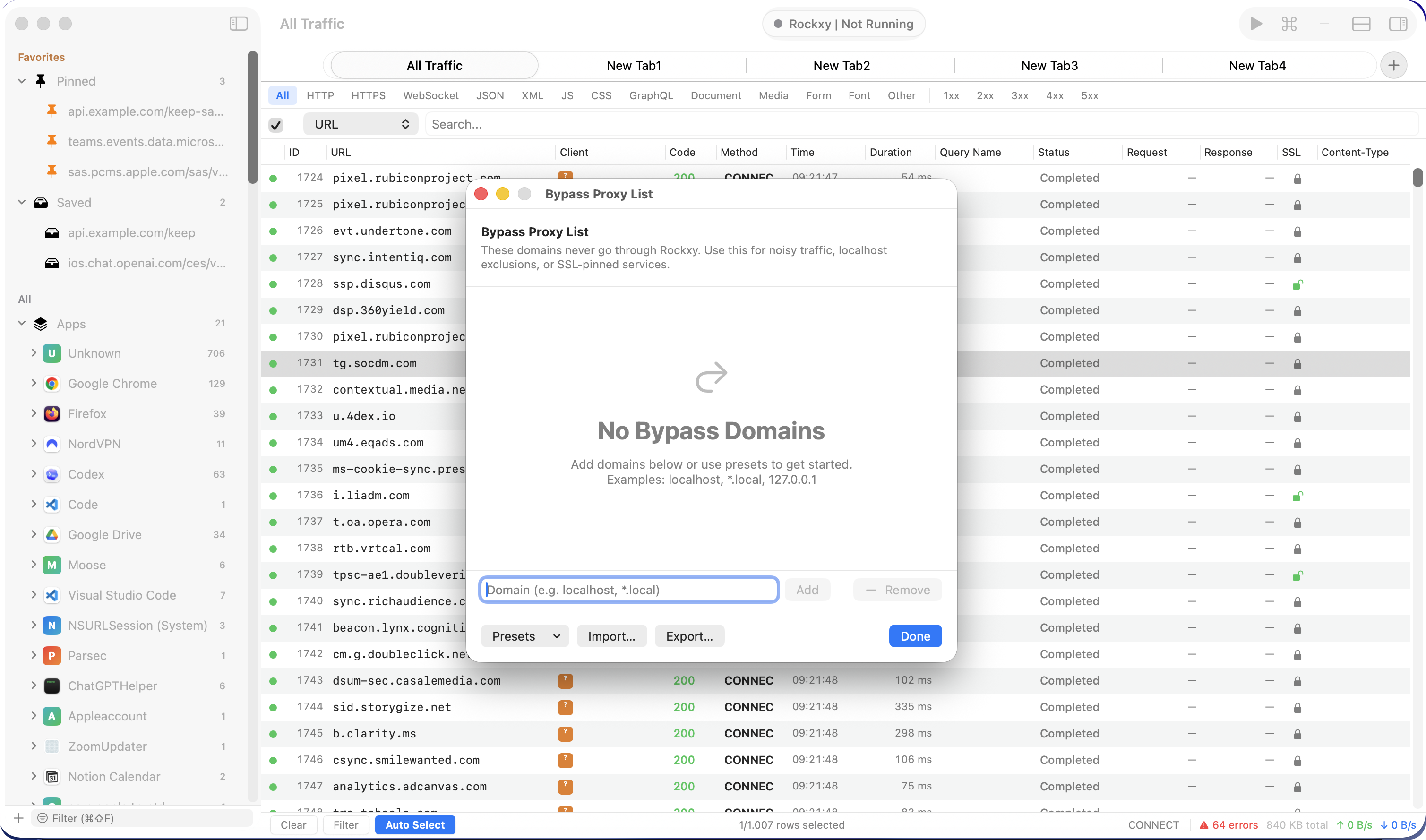 Rockxy Bypass Proxy settings showing wildcard host rules that skip specific domains from capture