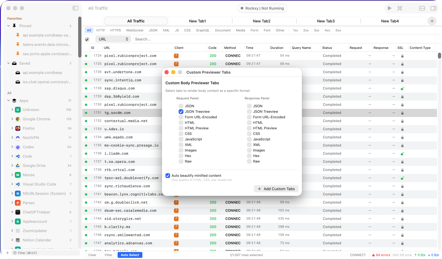 Rockxy custom previewer tabs in the response inspector showing JSON, GraphQL, and decoded body views pinned alongside the default view