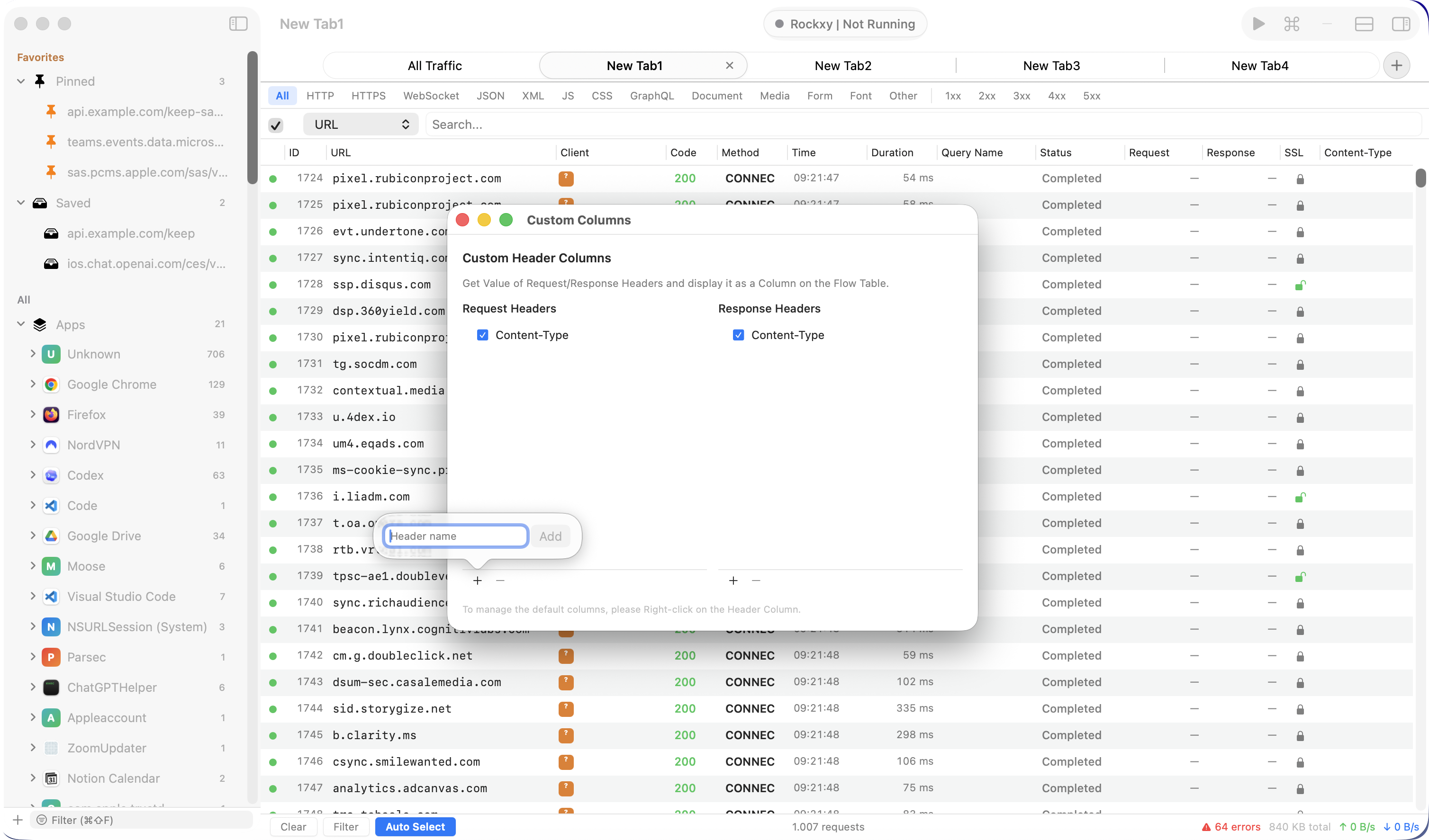 Rockxy custom request and response header editor with named rules toggling per-host overrides on both phases