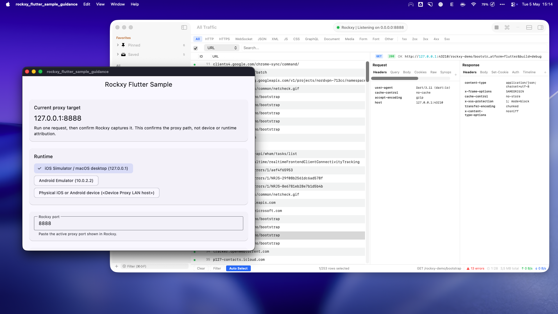 Rockxy capturing Flutter sample traffic on macOS with the sample app targeting a local proxy port and a request visible in the request list.