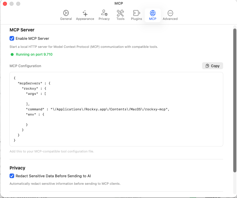 Rockxy Einstellungen → MCP-Tab zeigt aktivierten MCP-Server auf einem lokalen Port, die Konfigurations-JSON für Claude Desktop und Cursor sowie einen Datenschutz-Schalter zum Schwärzen sensibler Daten vor dem Senden an die KI