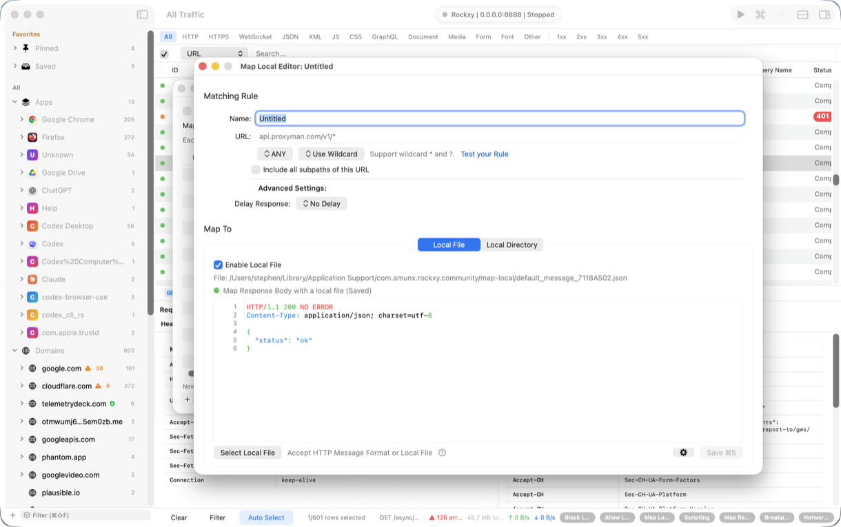 Rockxy Map Local rule routing a remote URL to a local file or directory for offline-style debugging