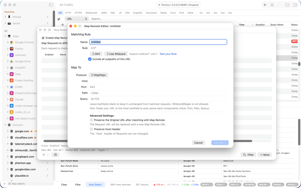 Rockxy Map Remote rule rewriting host and path to redirect captured traffic to a different server