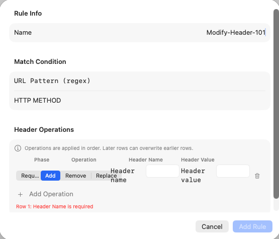 Rockxy Header-Modifikationsregel-Editor mit URL-Muster-Matchbedingung und Header-Operationen Hinzufügen/Entfernen/Ersetzen