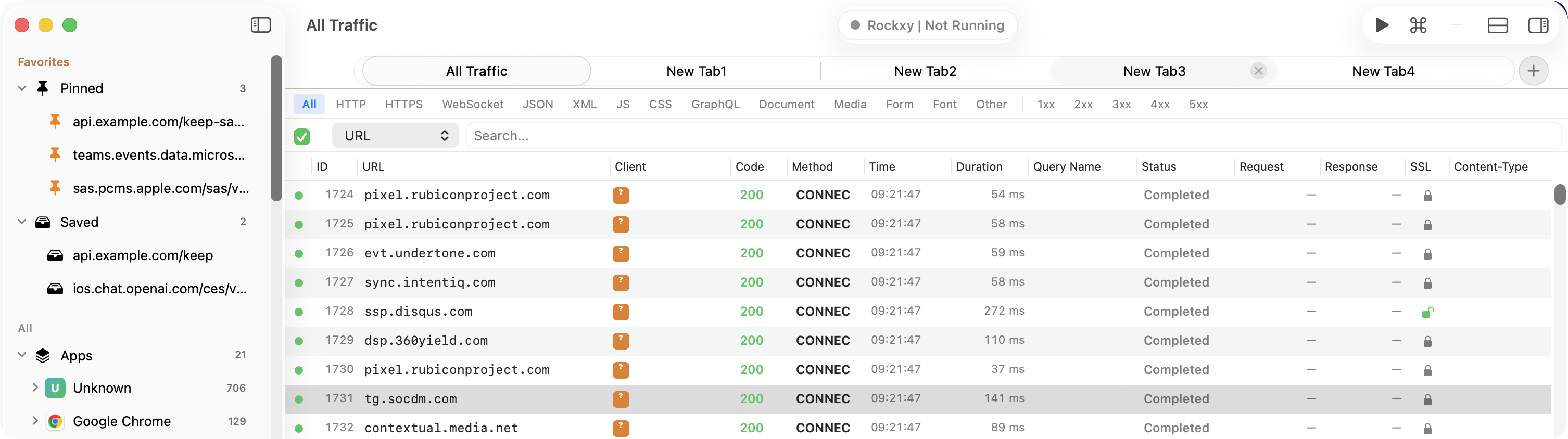 Rockxy multiple tab workspace showing several independent capture sessions running side-by-side, each with its own filters and inspector