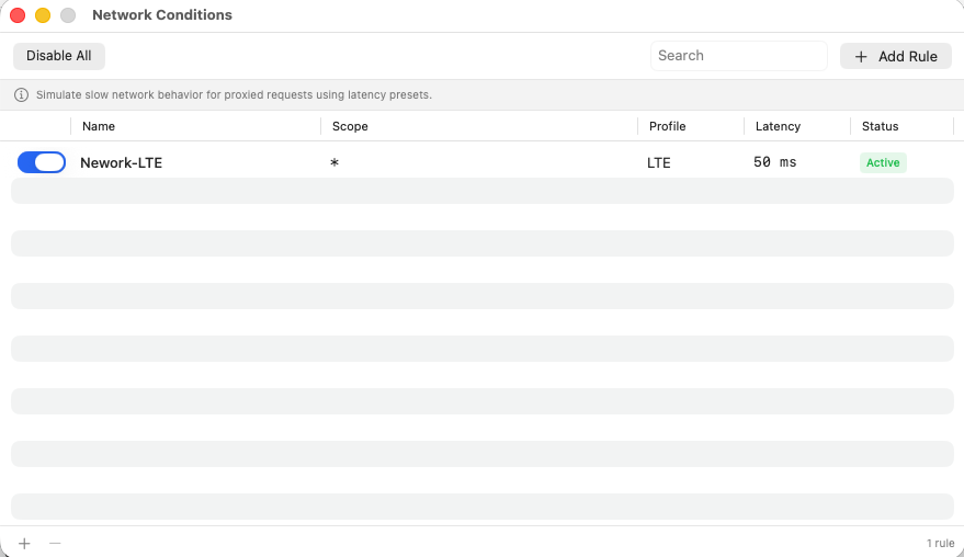 Rockxy Netzwerkbedingungen-Regelfenster mit aktivem LTE-Profil bei 50ms Latenz für alle Bereiche