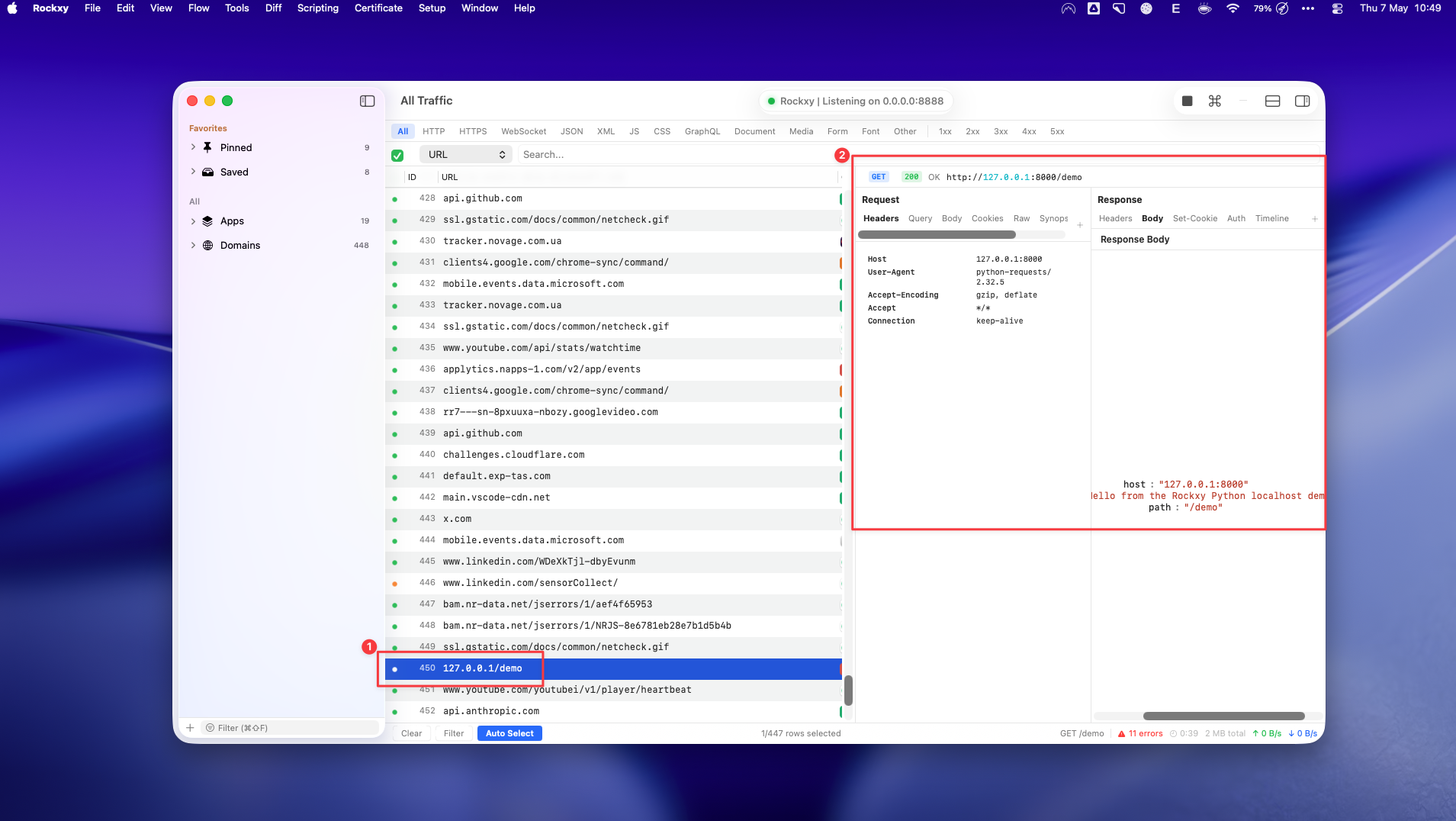 Rockxy capturing a Python localhost request to 127.0.0.1 with request and response details visible.