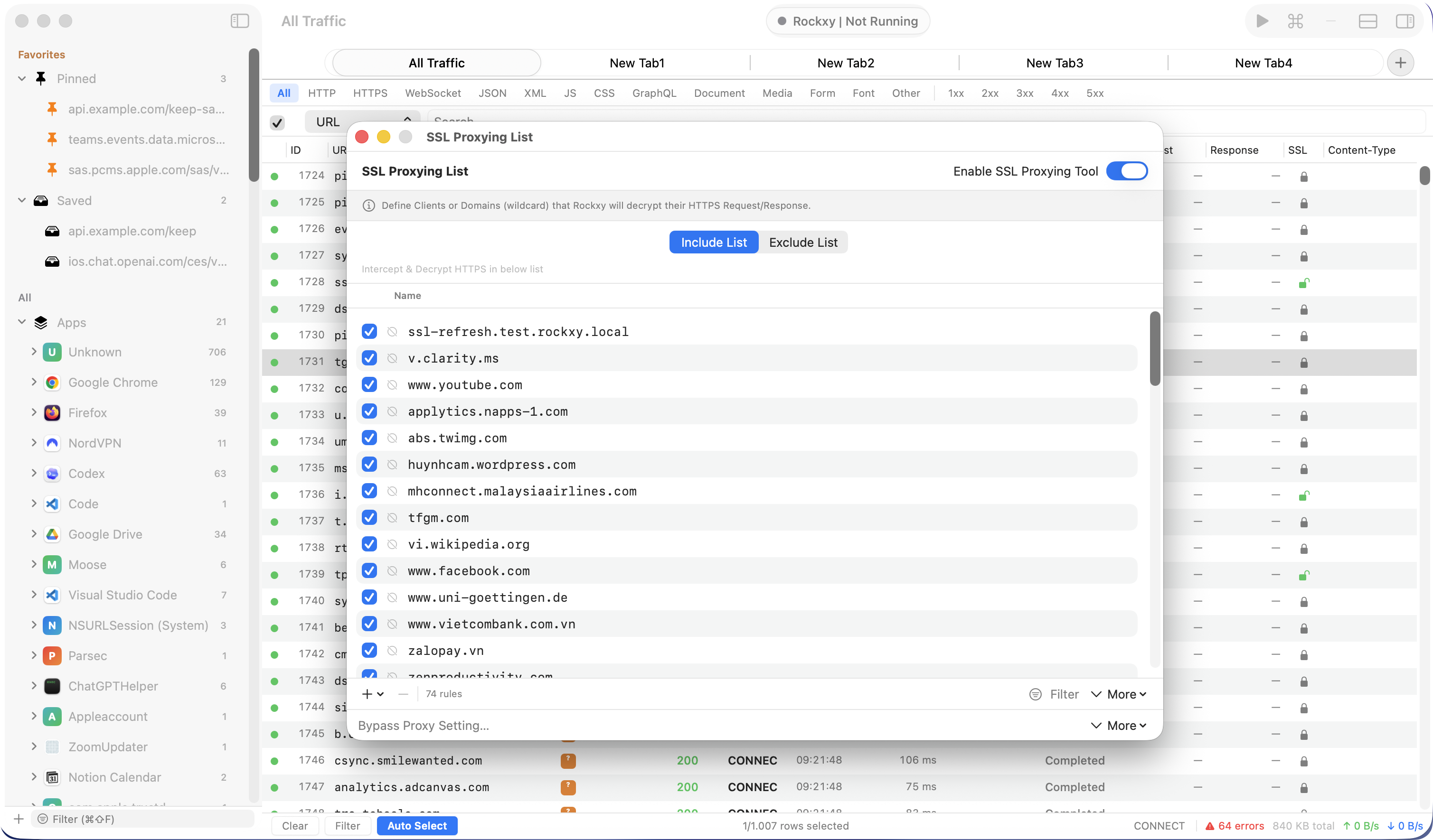 Rockxy SSL proxy settings showing per-host TLS decryption rules with wildcard patterns and allow list