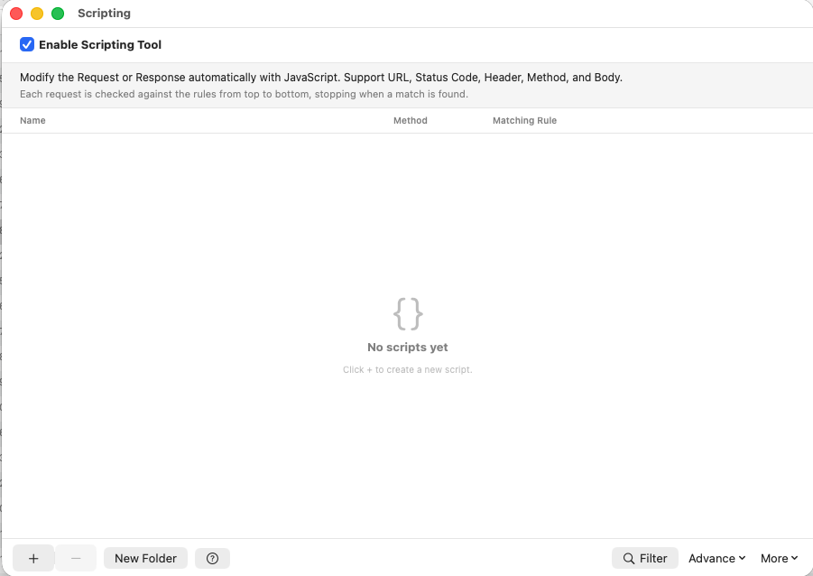 Rockxy Scripting-Werkzeugfenster mit Option zum Aktivieren des Scripting-Werkzeugs und leerer Skriptliste