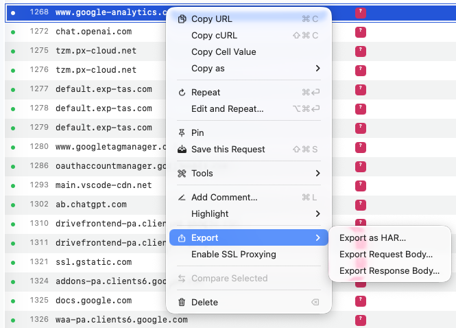 Rockxy Request-Kontextmenü mit Export-Untermenü für HAR, Request Body und Response Body