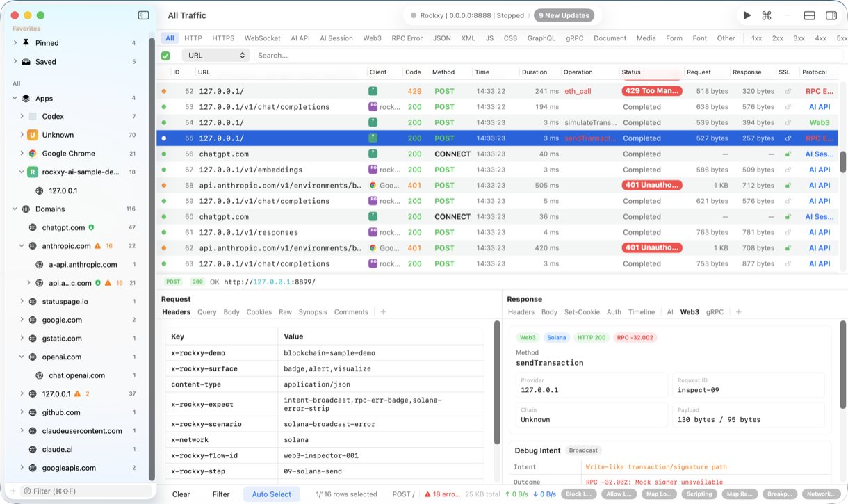 Rockxy inspecting a Web3 Solana sendTransaction request with transaction intent, chain context, request metadata, and JSON-RPC error evidence