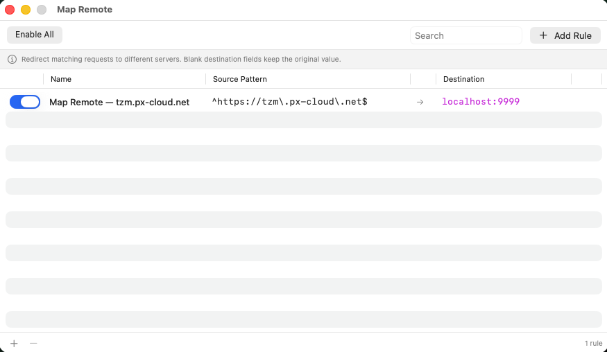 Rockxy Map-Remote-Regelfenster, das ein Regex-Quellmuster auf localhost:9999 umleitet