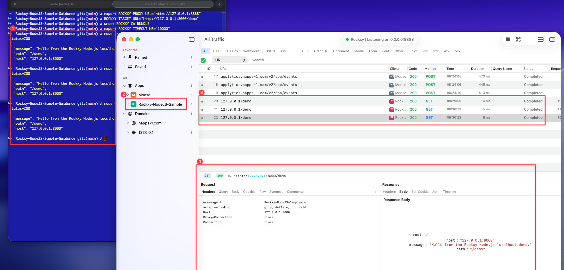 Rockxy capturing Node.js localhost requests to 127.0.0.1 with request and response details visible.