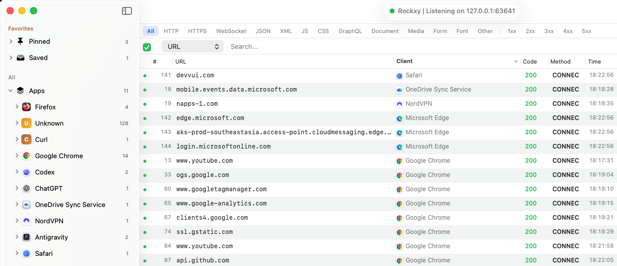 Rockxy Traffic-Erfassung zeigt HTTP- und HTTPS-Anfragen, die von macOS-Apps (Safari, Firefox, Chrome, Curl und mehr) abgefangen wurden