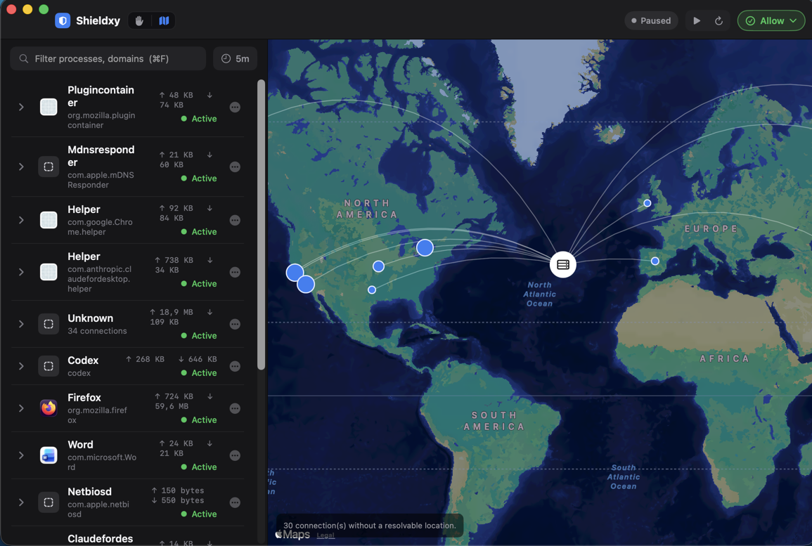 Shieldxy geographic endpoint map showing processes and remote network locations