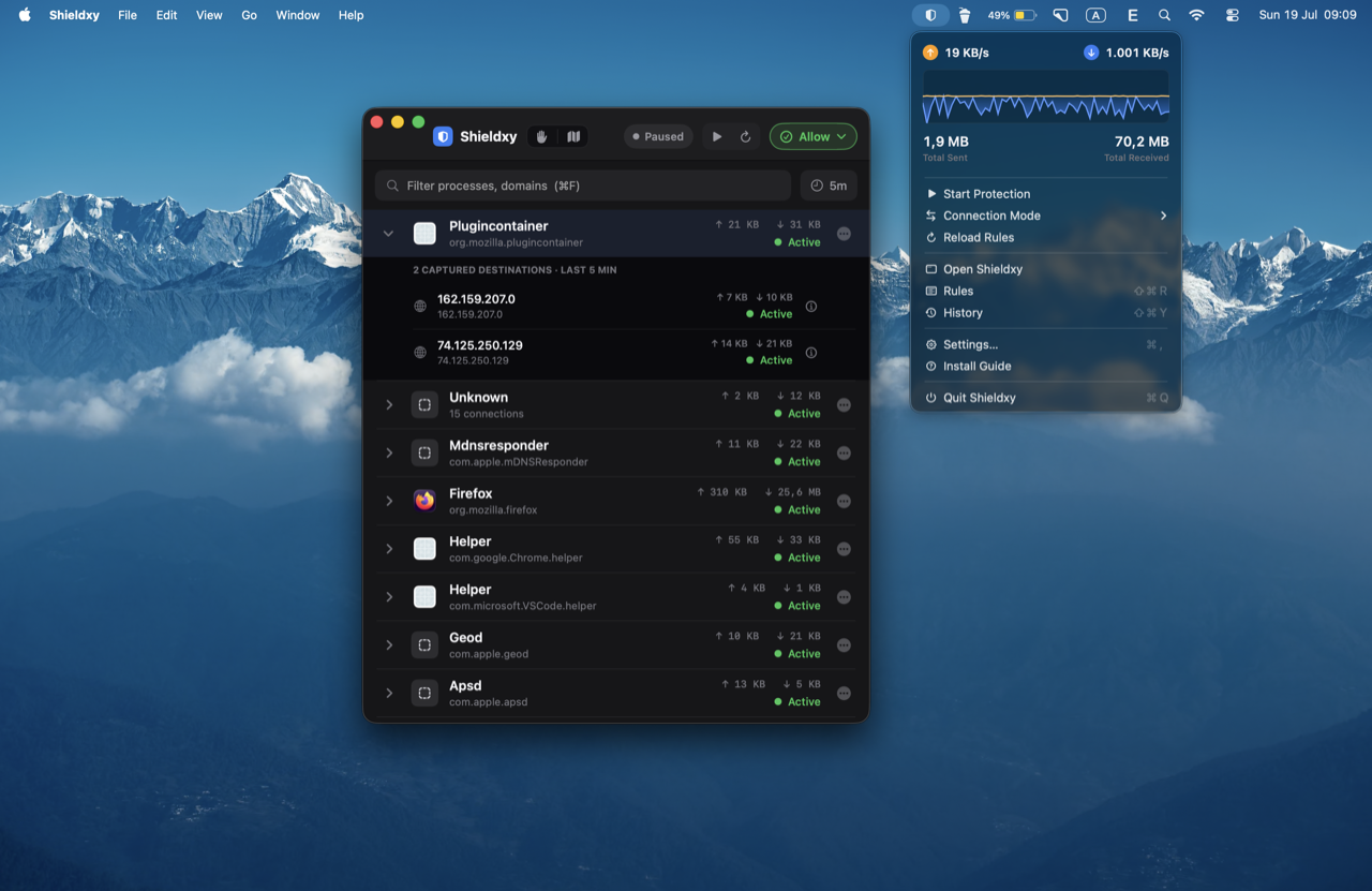 Shieldxy main window and menu bar traffic controls running together on a Mac desktop