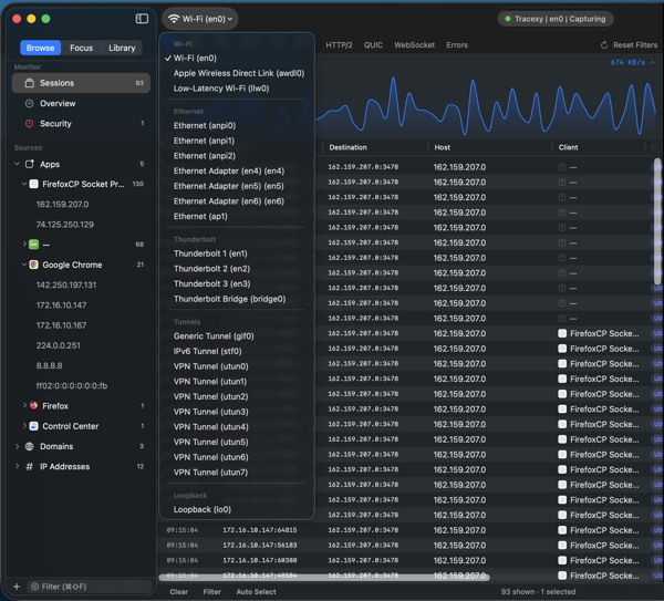 Tracexy 接口选择器列出了 Wi-Fi、Ethernet、Thunderbolt、隧道、VPN 和 loopback 捕获源